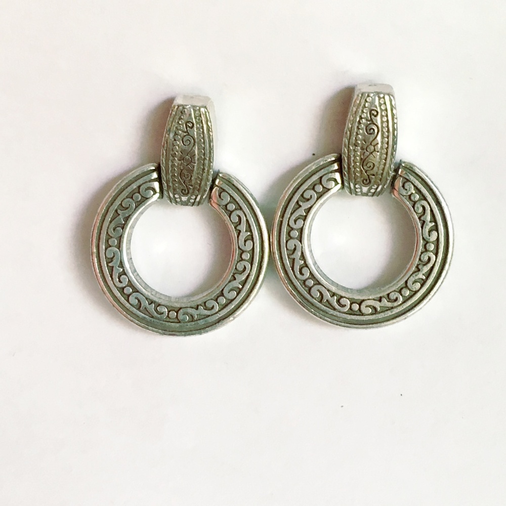 Silver hoop and drop earrings with scrollwork